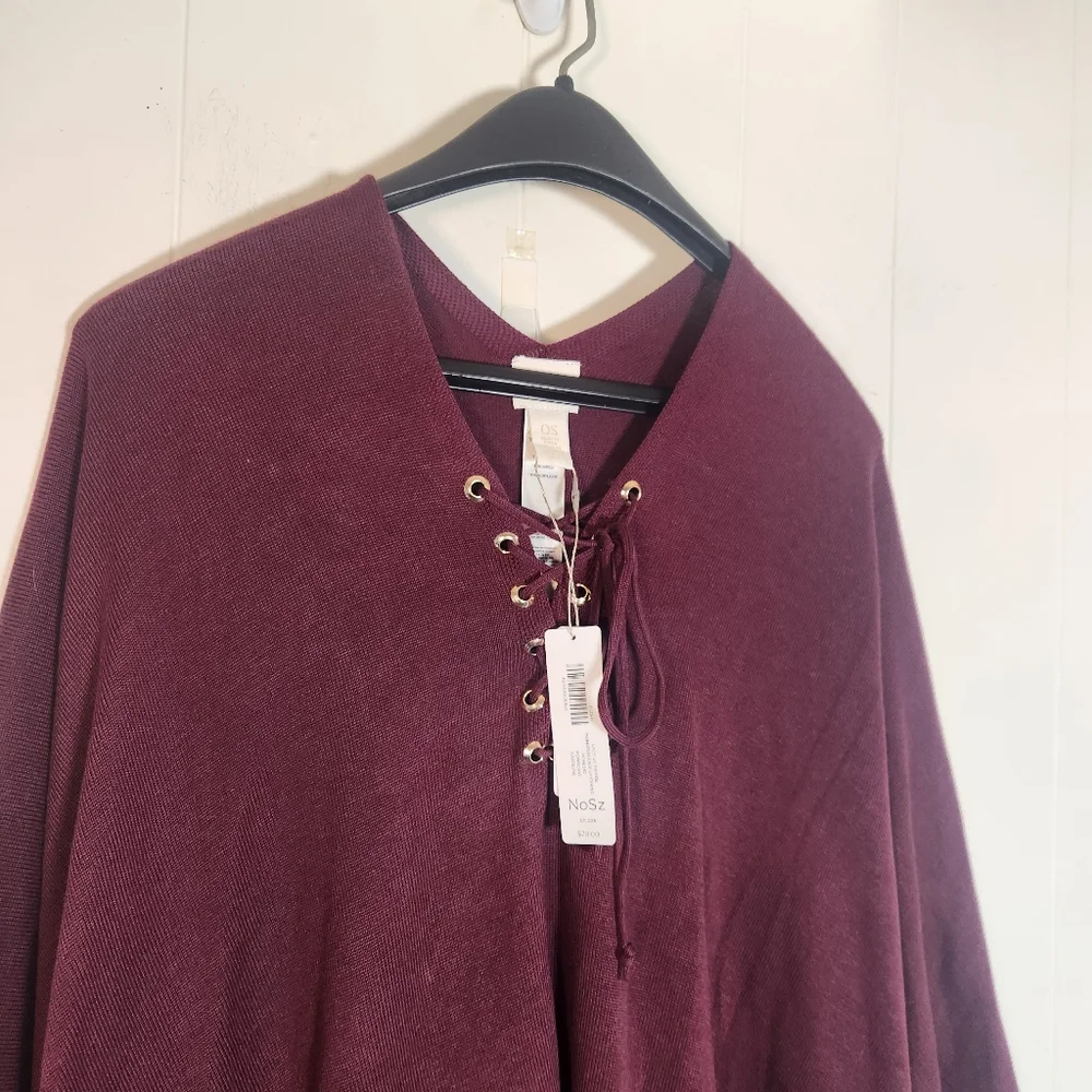Chicos Monrovia Lace-up Fringe Poncho Shrug One Size Maroon Burgundy - Picture 5 of 14